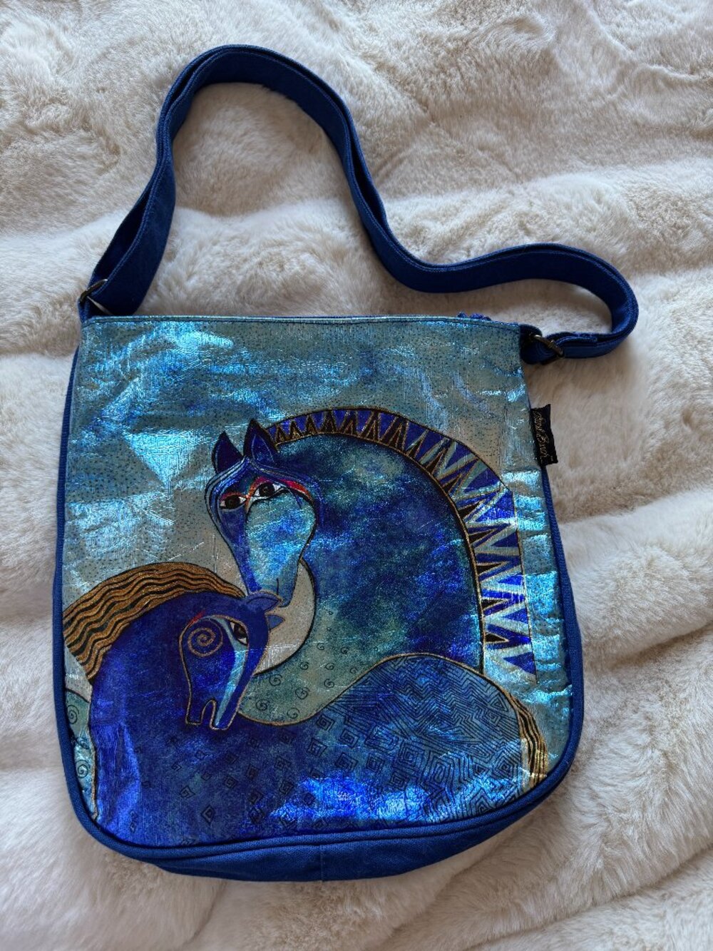Vintage Laurel Burch Teal Horses Crossbody Tote Bag